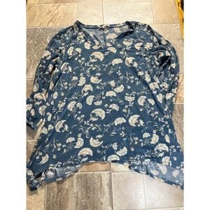 Simply Noelle Blue Floral Print Tunic Top Plus Size XXL 16 18 V Neck Long Sleeve